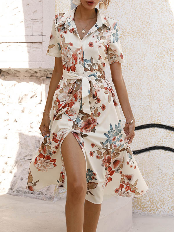 A-Line Loose Buttoned Flower Print Tied Waist Lapel Midi Dresses