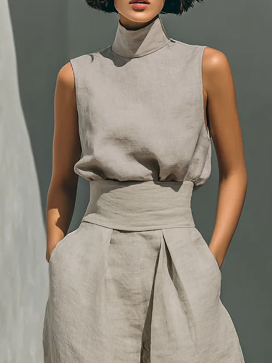 Sleeveless Buttoned Hollow Solid Color Split-Joint Mock Neck Blouses&Shirts Tops