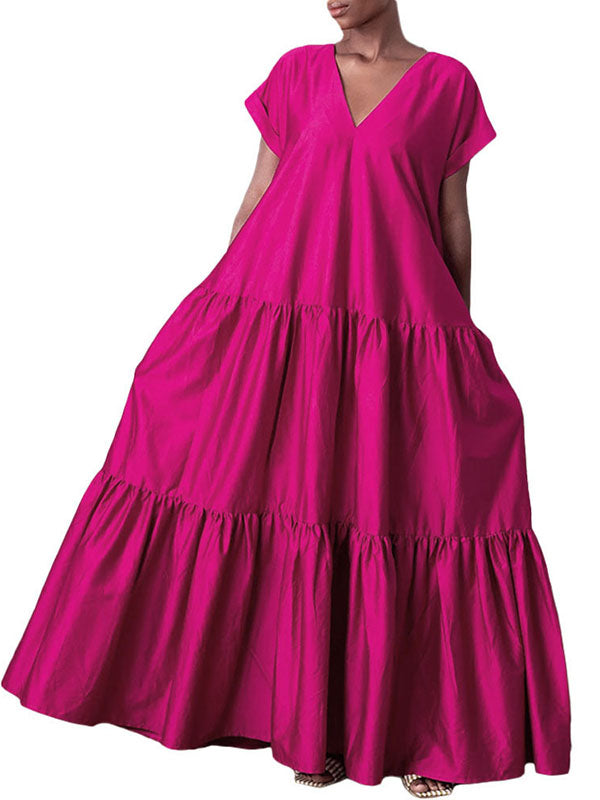 A-Line Loose Pleated Solid Color Split-Joint V-Neck Maxi Dresses