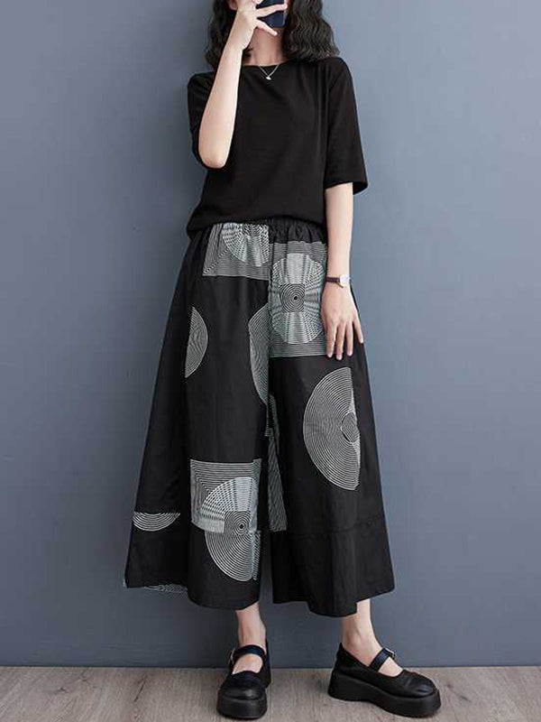 Pantalon court taille haute ample et élastique imprimé 