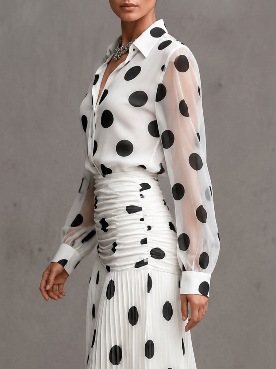 Long Sleeves Loose Buttoned Polka-Dot Printed Lapel Blouses&Shirts Tops