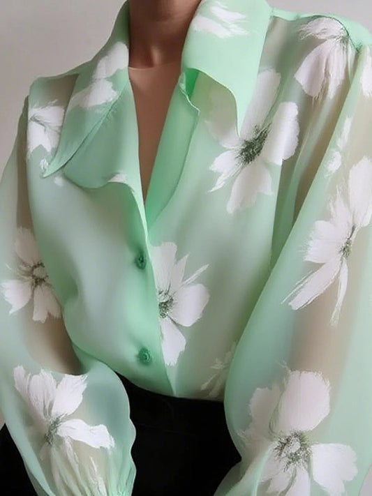 Puff Sleeves Floral Printed Gauze Pleated See-Through Split-Joint Lapel Blouses&Shirts Tops