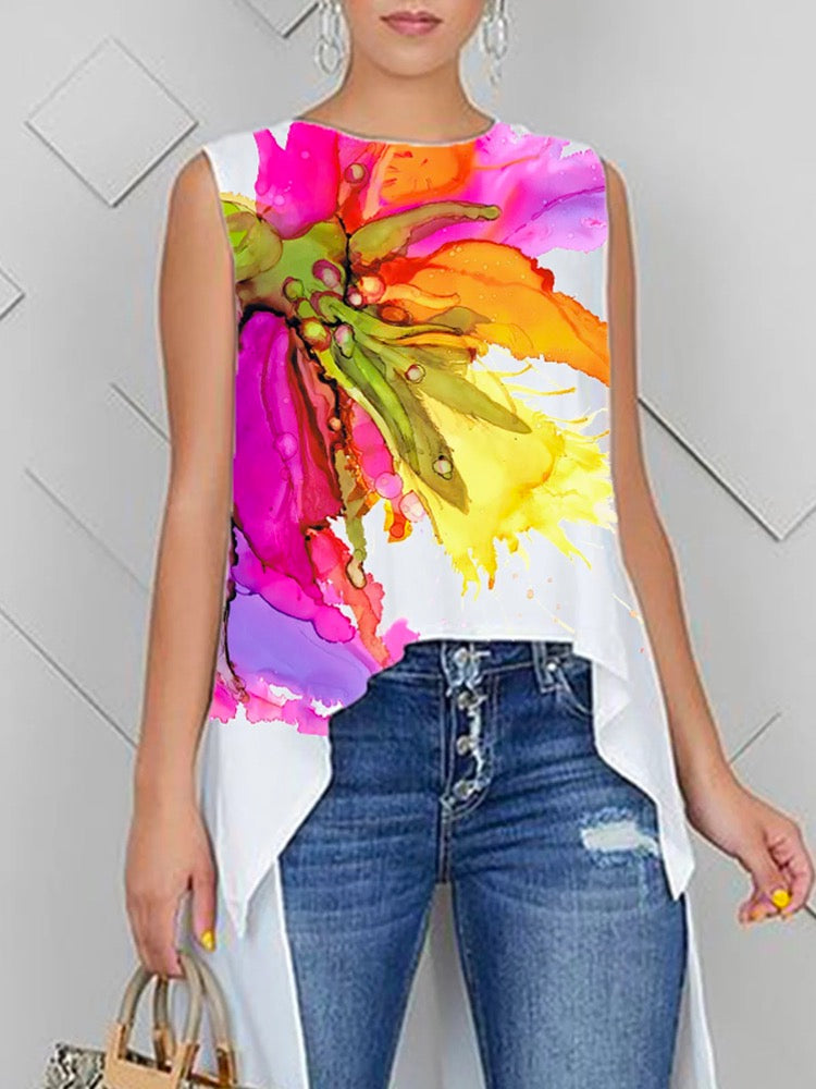 High-Low Loose Flower Print Round-Neck Blouses&Shirts Tops Vest Top