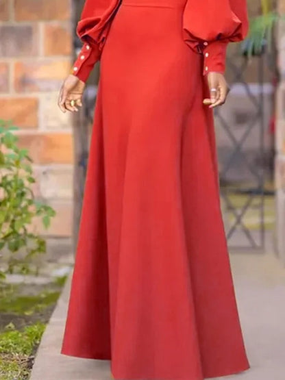 Long Sleeves Loose Buttoned Hollow Solid Color Split-Joint Round-Neck Maxi Dresses