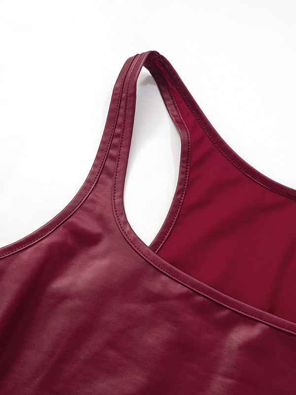 Skinny Sleeveless Shiny Solid Color Split-Joint Spaghetti-Neck Vest Top