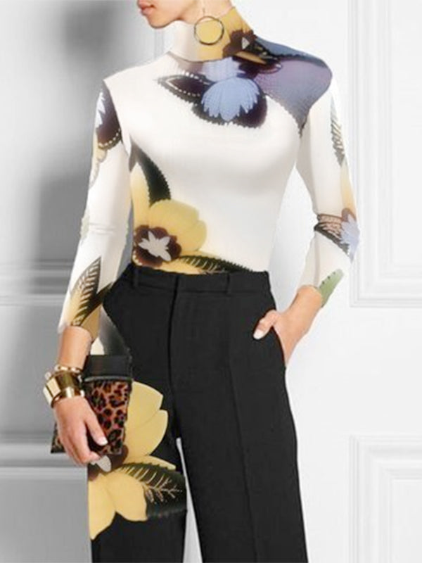 Long Sleeves Skinny Flower Print High Neck T-Shirts Tops COLORFUL