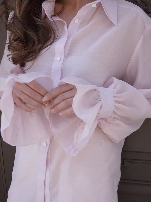 Loose Puff Sleeves Pleated Solid Color Split-Joint Lapel Blouses&Shirts Tops