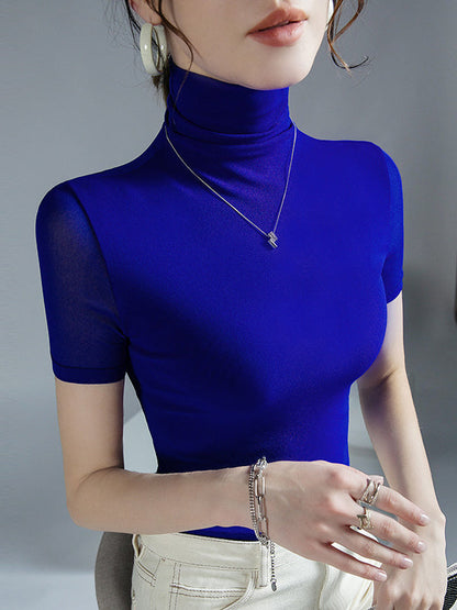 Half Sleeves Skinny Solid Color High Neck T-Shirts Tops