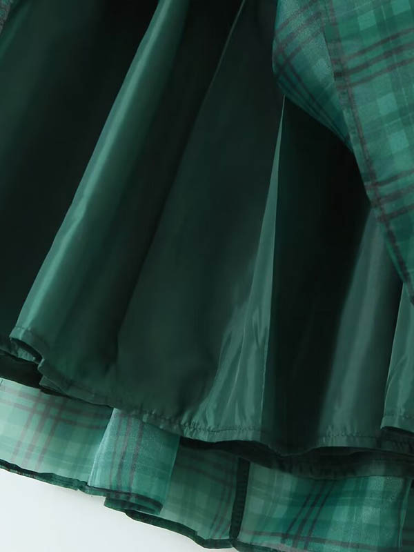 A-Line High Waisted Plaid Pleated Square-Neck Mini Dresses