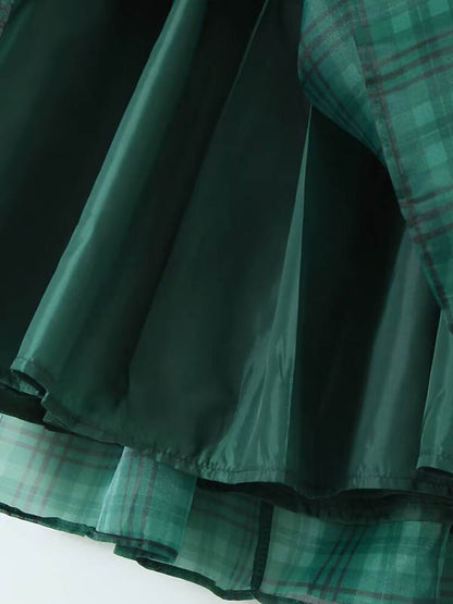 A-Line High Waisted Plaid Pleated Square-Neck Mini Dresses