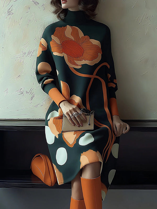 Long Sleeves Flower Print High Neck Midi Dresses