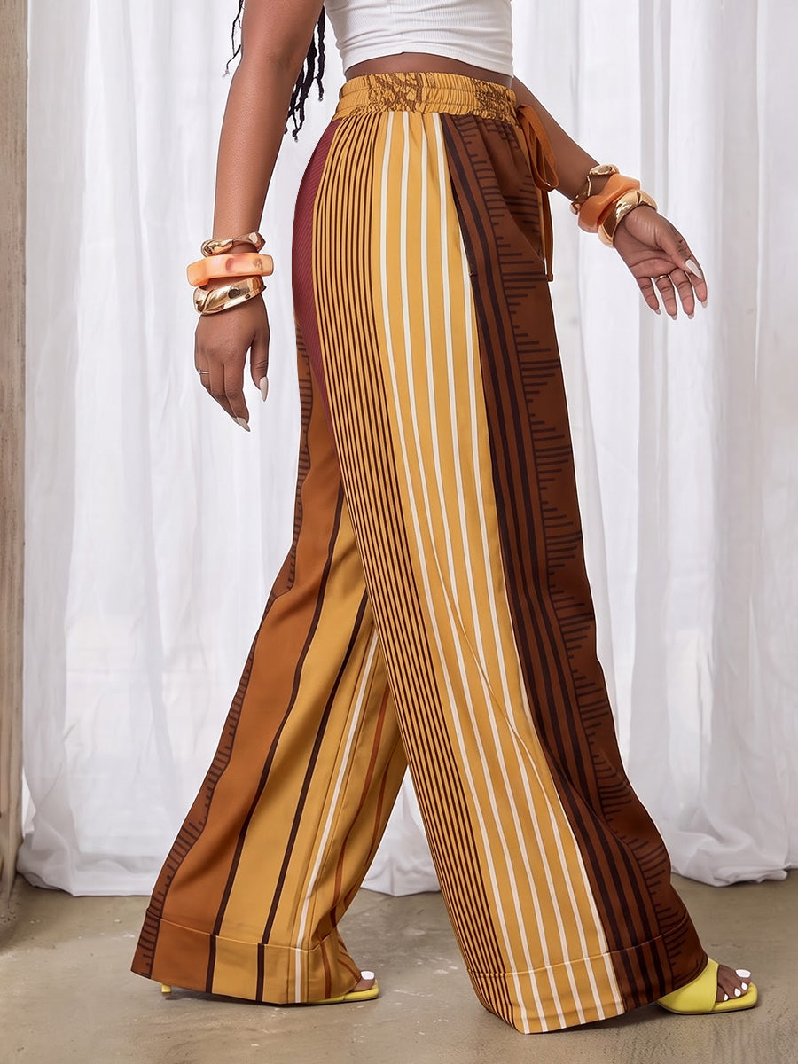 Printed Pockets Elasticity Drawstring Contrast Color Wide Leg Loose Trousers Pants