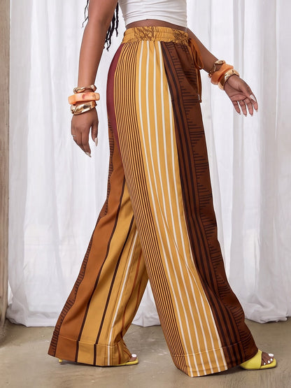 Printed Pockets Elasticity Drawstring Contrast Color Wide Leg Loose Trousers Pants