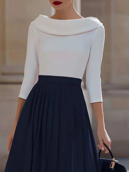A-Line Three-Quarter Sleeves Pleated Split-Joint Round-Neck Midi Dresses