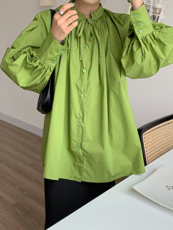 Urban Loose Puffärmel Agaric Laces Falbala Einfarbige Blusen 