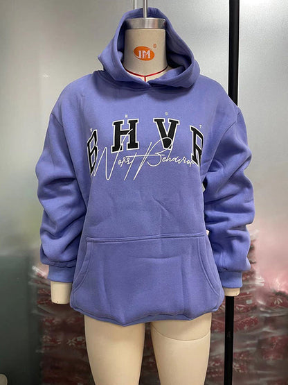 Long Sleeves Loose Keep Warm Letter Print Velvet Hooded Hoodies Tops
