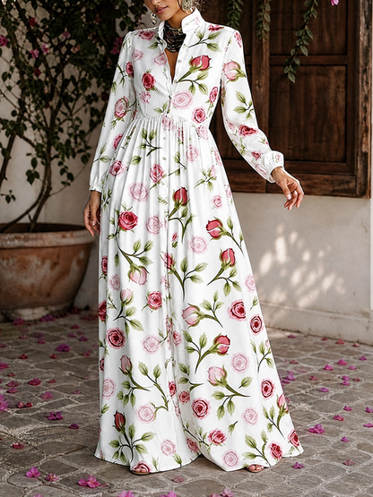Split-Joint Pockets Pleated Flower Print Contrast Color Buttoned Plus Size Loose Stand Collar Maxi Dresses