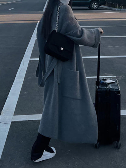 Long Sleeves Loose Pockets Solid Color Tied Waist Notched Collar Cardigan Coats