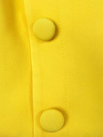 Flared Sleeves High Waisted Buttoned Solid Color Mock Neck Midi Dresses