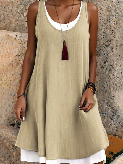 A-Line False Two Solid Color Split-Joint U-Neck Midi Dresses