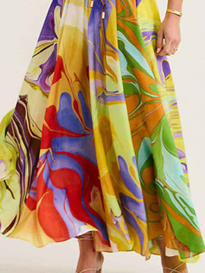 Loose Asymmetric Printed Lapel Blouse + A-Line Drawstring Elasticity Skirt Two Pieces Set