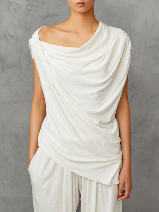 Loose Sleeveless Asymmetric Pleated Solid Color One-Shoulder Blouses&Shirts Tops
