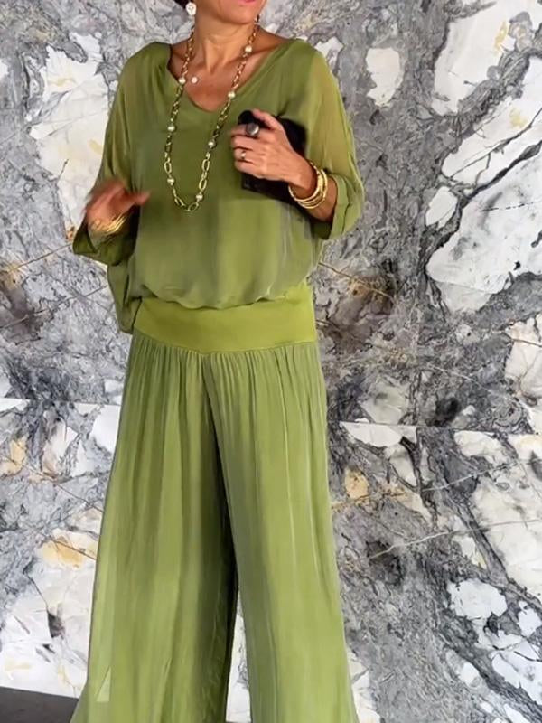 Olive | Women's V-Neck Batwing Sleeve Wide Leg Jumpsuit 2 Piece
