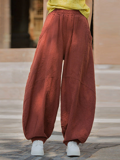 Loose Elasticity Pockets Solid Color Split-Joint Cropped Trousers Pants