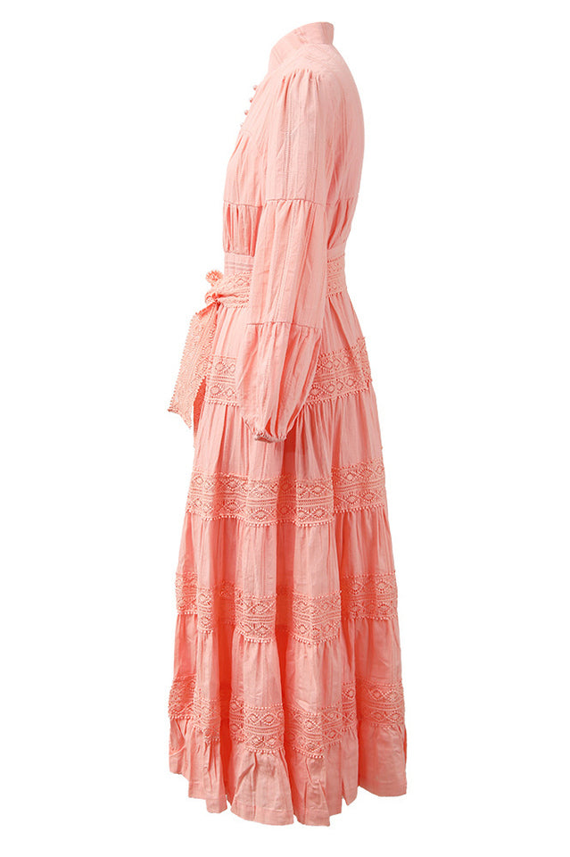 Sabina Stand Collar Lace Trim Maxi Dress