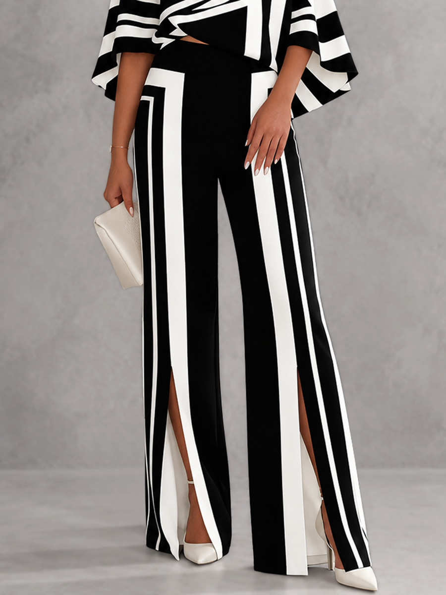 Striped Split-front Contrast Color Wide Leg High Waisted Trousers Pants