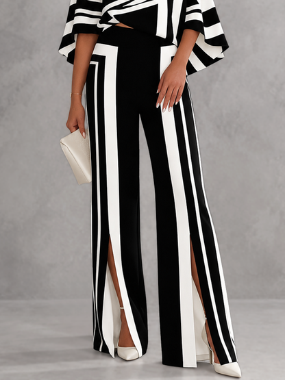 Striped Split-front Contrast Color Wide Leg High Waisted Trousers Pants