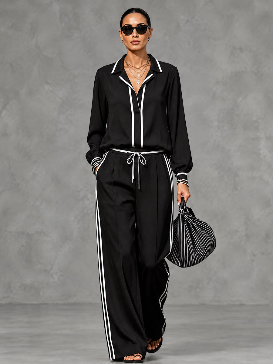 Striped Contrast Color Loose Long Sleeves Notched Collar Blouses&shirts Tops