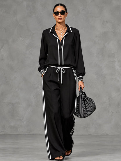 Striped Contrast Color Loose Long Sleeves Notched Collar Blouses&shirts Tops