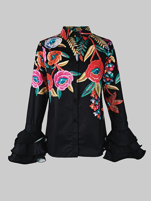 Flared Sleeves Long Sleeves Buttoned Contrast Color Flower Print Lapel Blouses&Shirts Tops