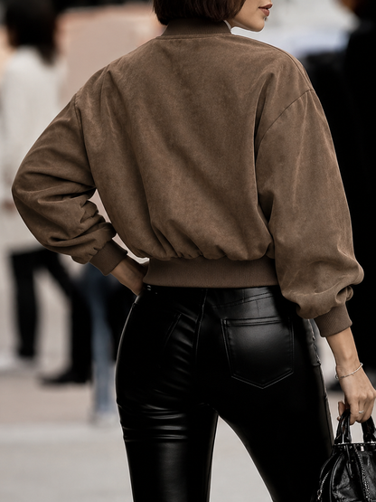 Zipper Solid Color Elasticity Long Sleeves Cropped Round-neck Outerwear