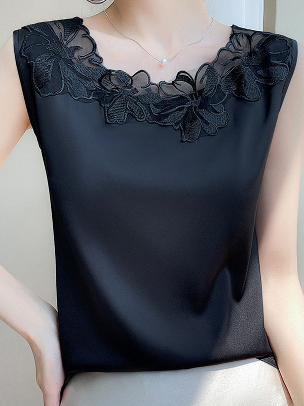 Loose Plus Size See-Through Solid Color Split-Joint Round-Neck Vest Top BLACK