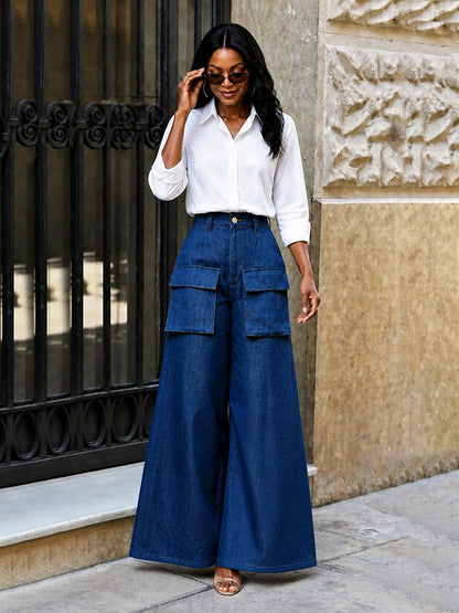 Zipper Solid Color Pockets Buttoned Wide Leg High Waisted Trousers Pants