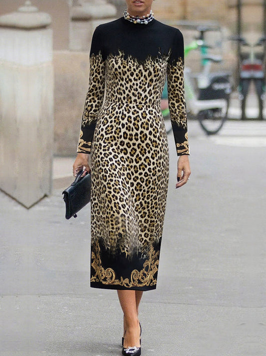 High Waisted Long Sleeves Contrast Color Leopard Printed Split-Joint Round-Neck Maxi Dresses