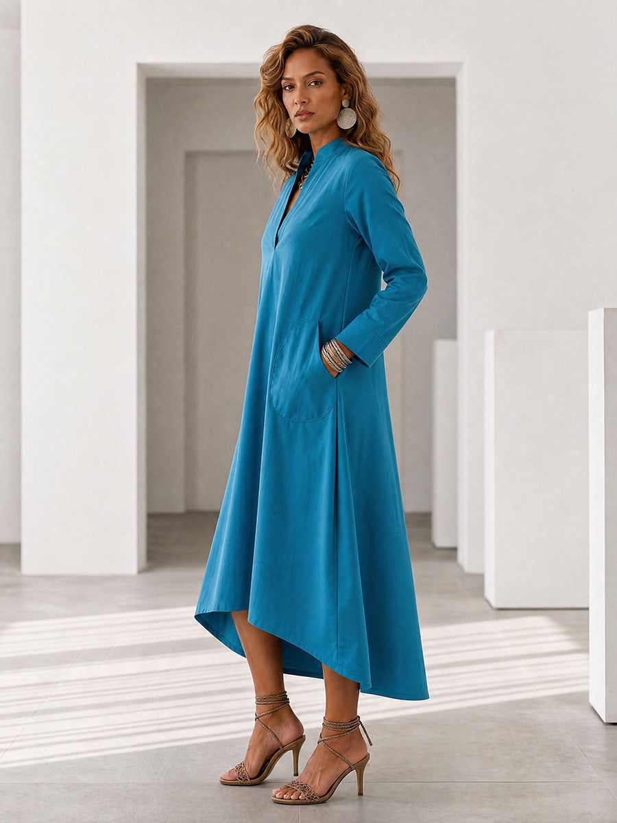 Solid Color Pockets Loose Long Sleeves V-neck Midi Dresse
