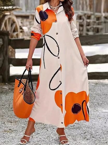 Long Sleeves Loose Floral Printed Split-Joint Lapel Maxi Dresses Shirt Dress