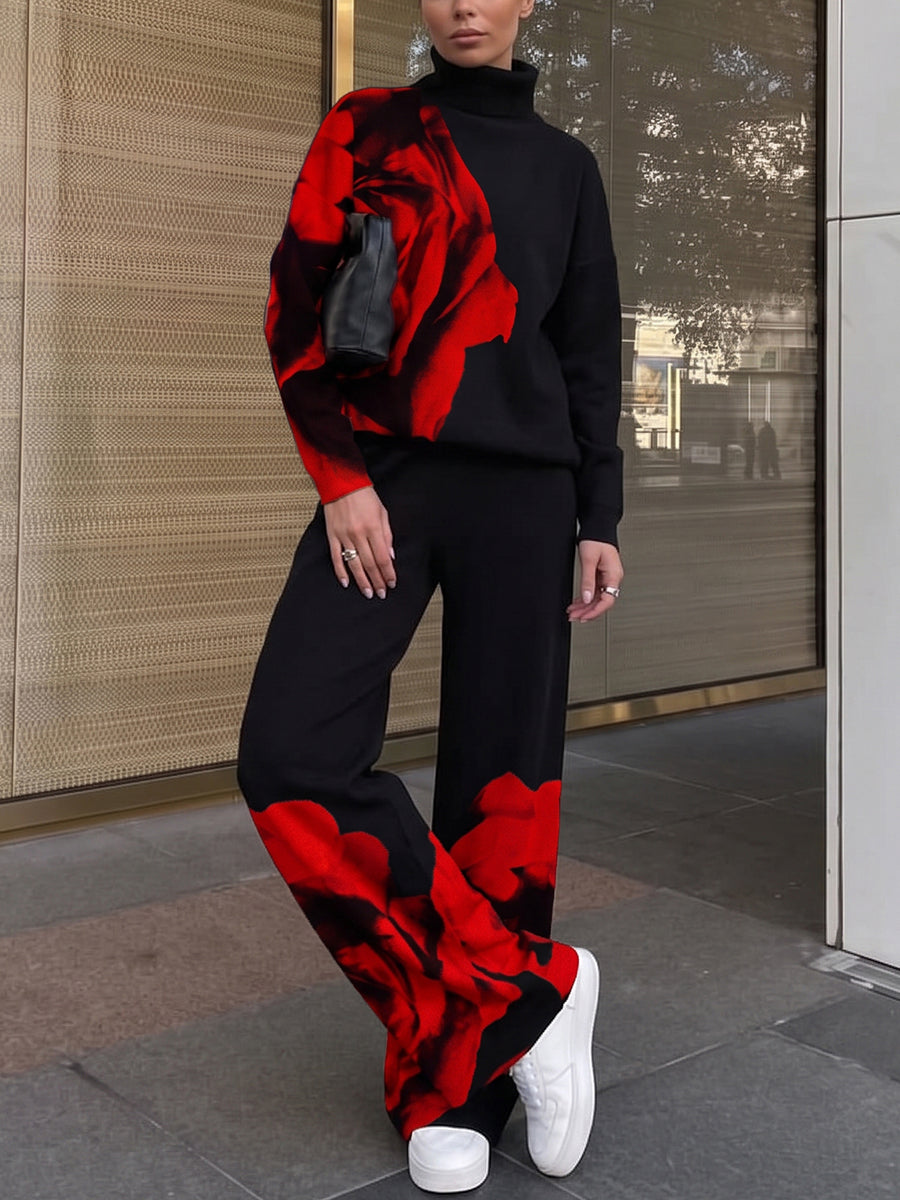 Pockets Flower Print Contrast Color High Waisted Trousers Pants