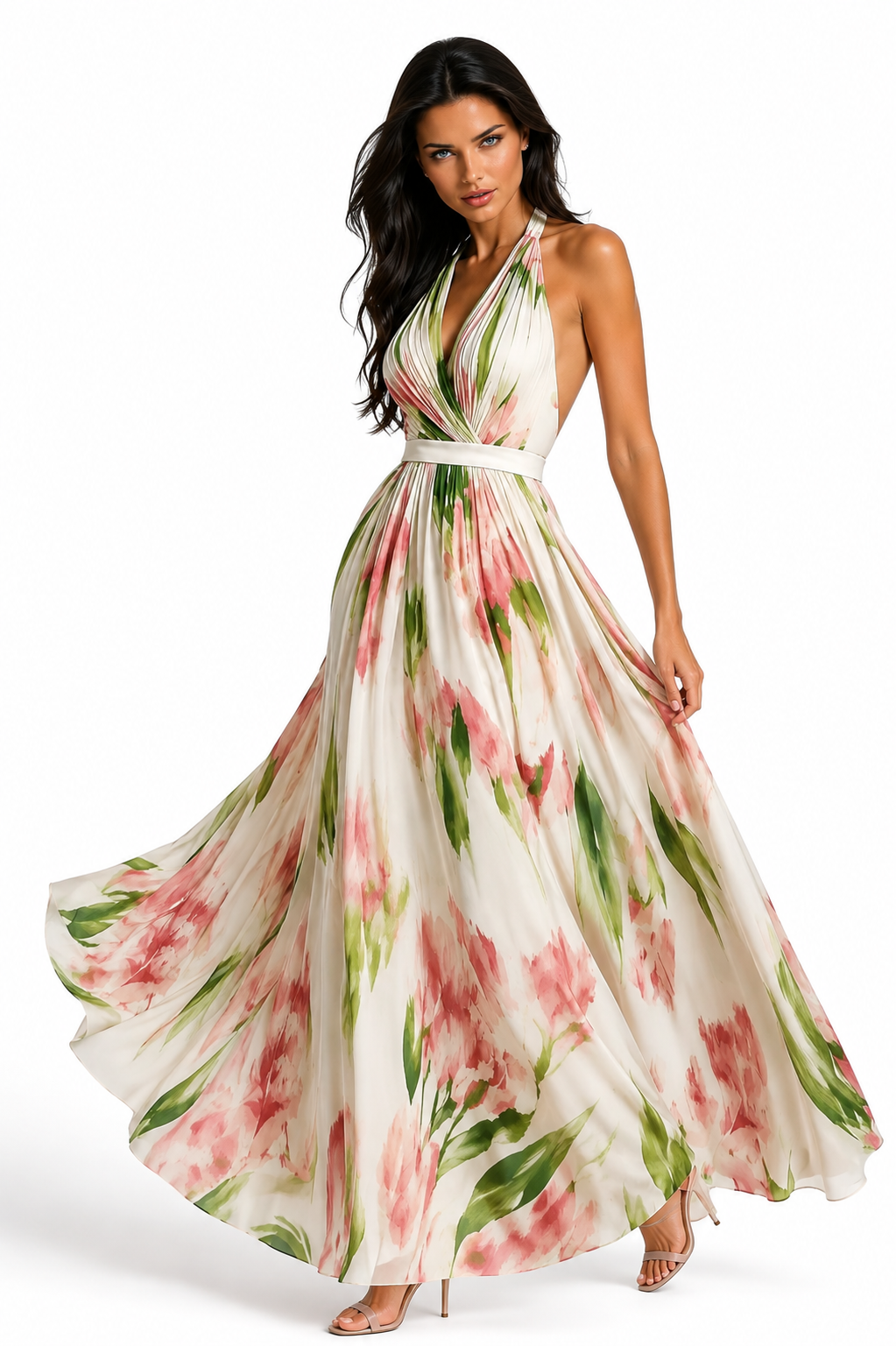ABBE Rosé Garden Halter Maxi Dress – Floral Deep V Flowing Evening Dress