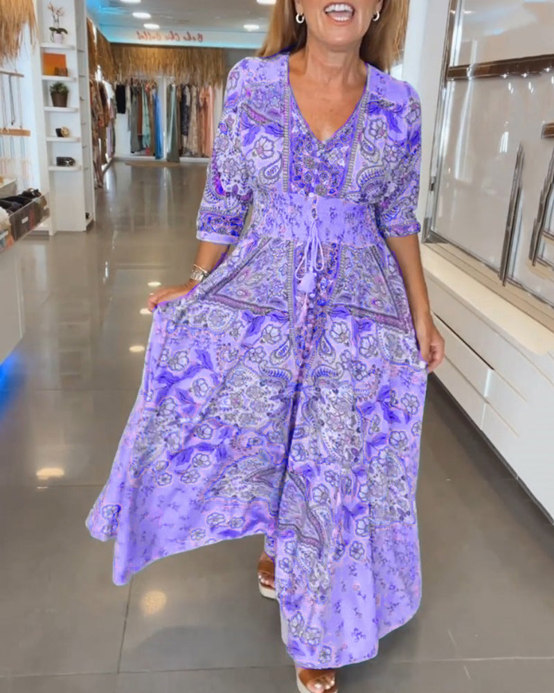 Solis | Women's Paisley Maxi Dress V-Neck 3/4 Sleeve Boho