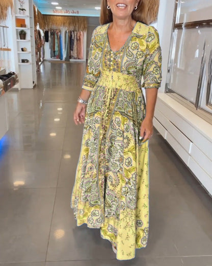 Solis | Women's Paisley Maxi Dress V-Neck 3/4 Sleeve Boho