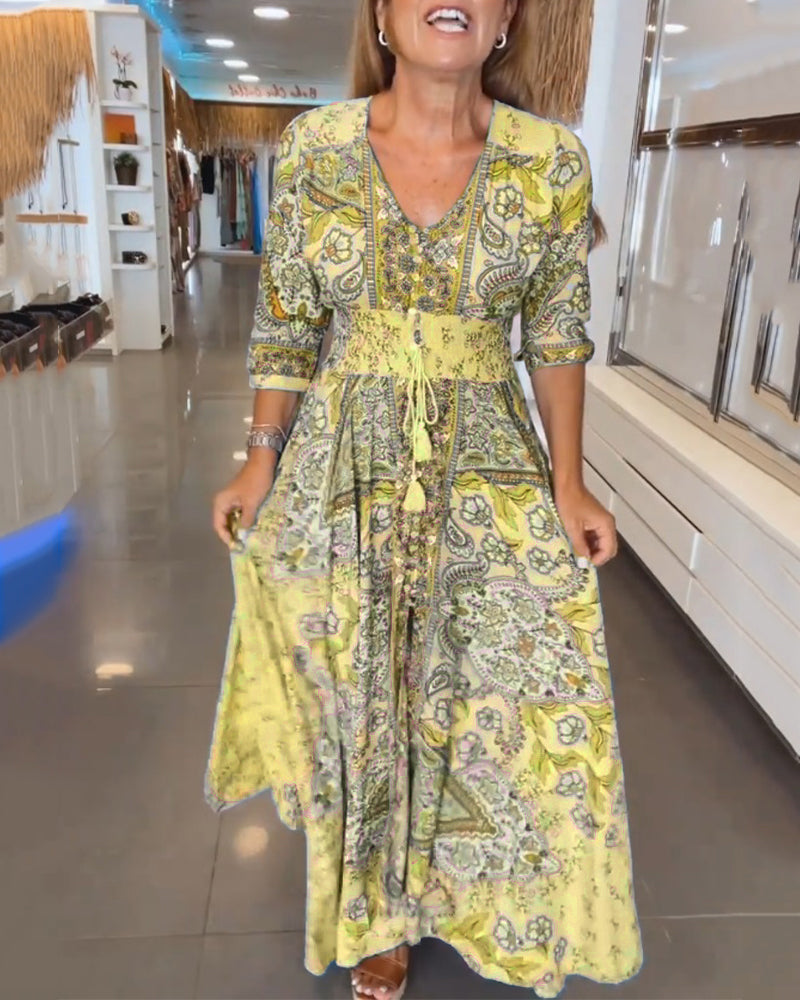 Solis | Women's Paisley Maxi Dress V-Neck 3/4 Sleeve Boho