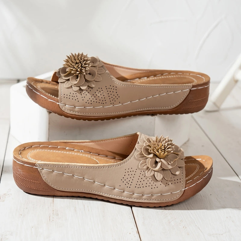Flora | Women's Flower Wedge Sandals Slip On Open Toe Slides
