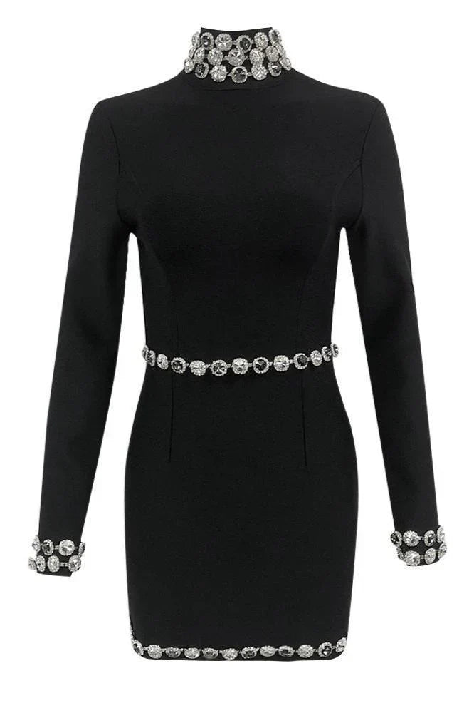 NEXT DAY DELIVERY TANEA Long Sleeve Crystals Bandage Dress