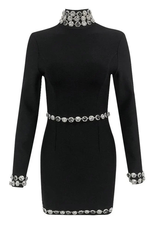 NEXT DAY DELIVERY TANEA Long Sleeve Crystals Bandage Dress