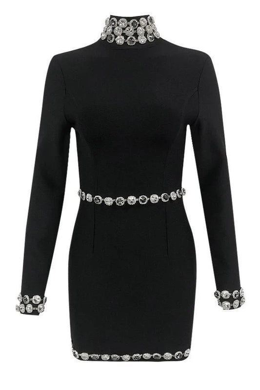 TANEA Long Sleeve Crystals Bandage Dress