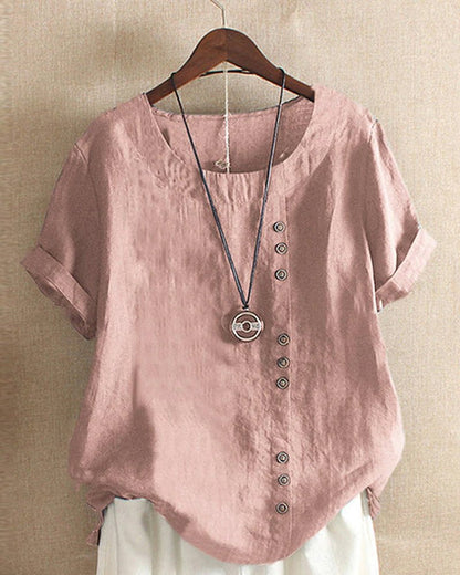 Linen | Women's Button Front Crew Neck Short Sleeve Casual Top